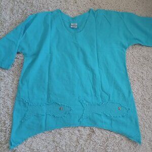 Cottonseed Casual Wear Women’s Turquoise Fish Appliqué Top Sz L / XL 100% Cotton